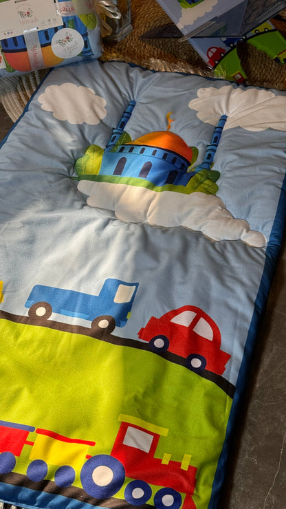 K08:Sky blue prayer mat with colorful cars and a mosque on clouds