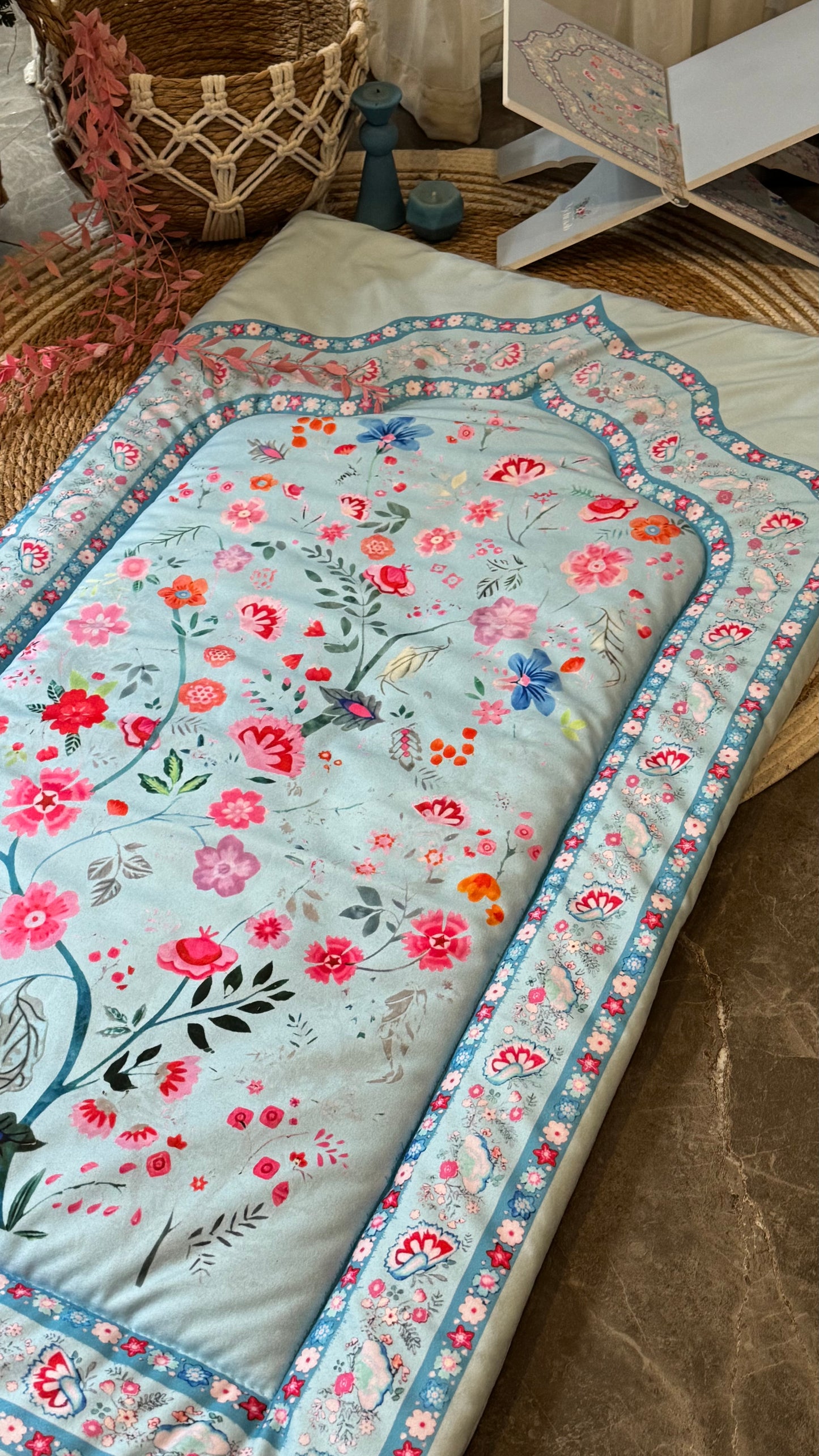 Noor-e-Gul – Sky Blue (prayer mat , Rehal ,tasbeeh & bookmark)