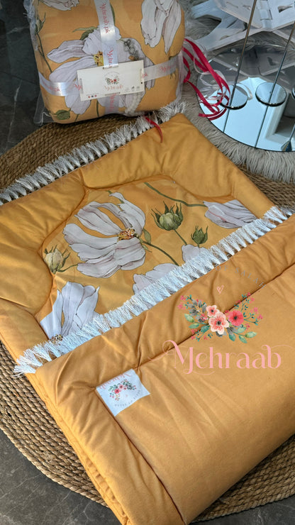 Yellow janamaz with floral pattern - folded view