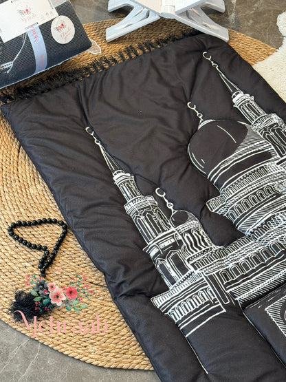 Ad01:Black prayer mat with mosque outline