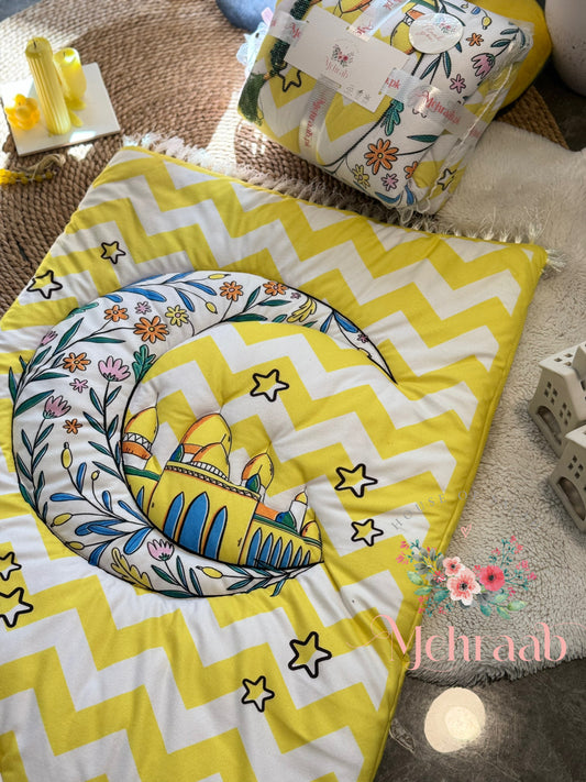 K15:Yellow prayer mat for kids with an embroidered moon