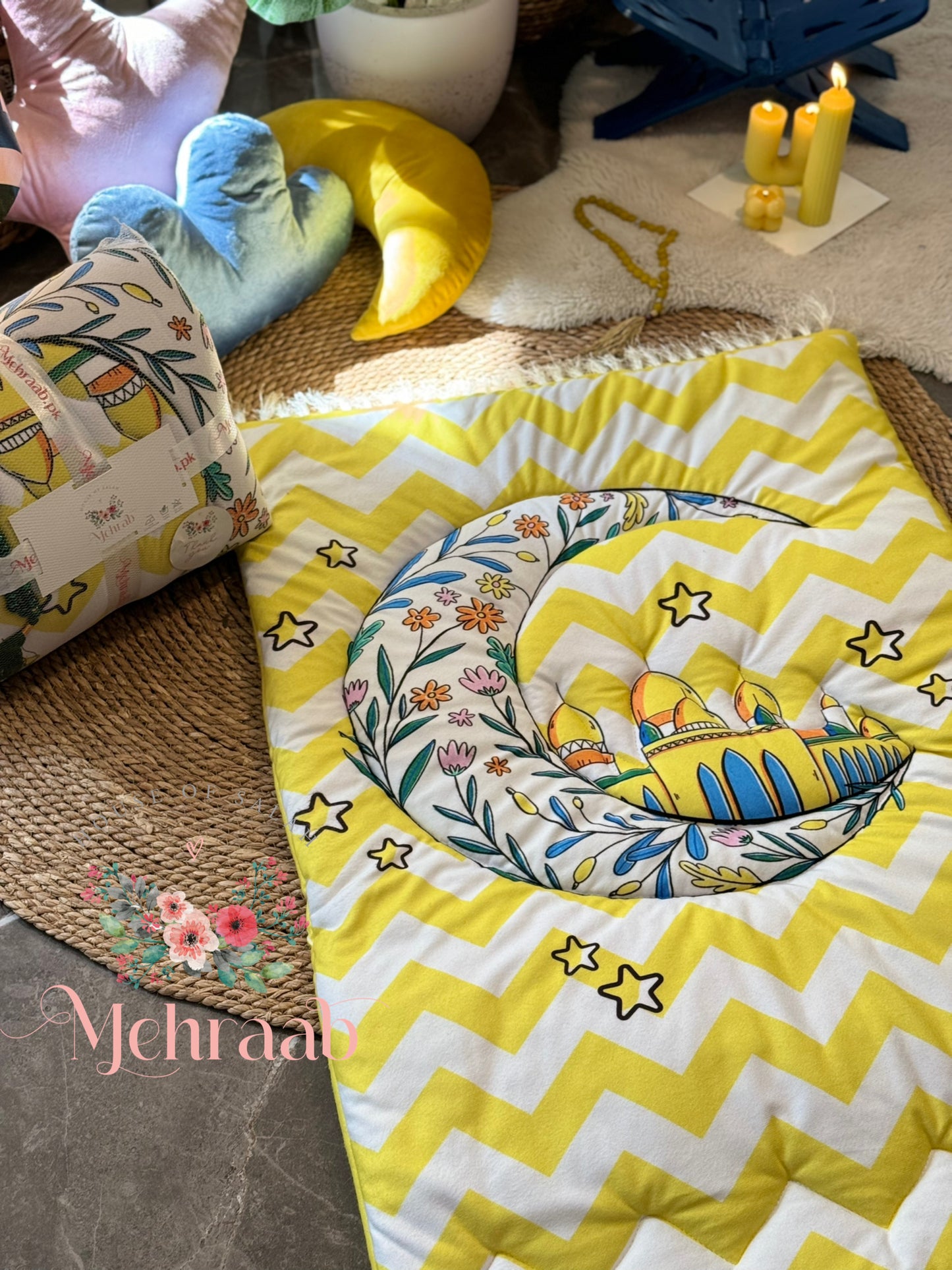 K15:Yellow prayer mat for kids with an embroidered moon