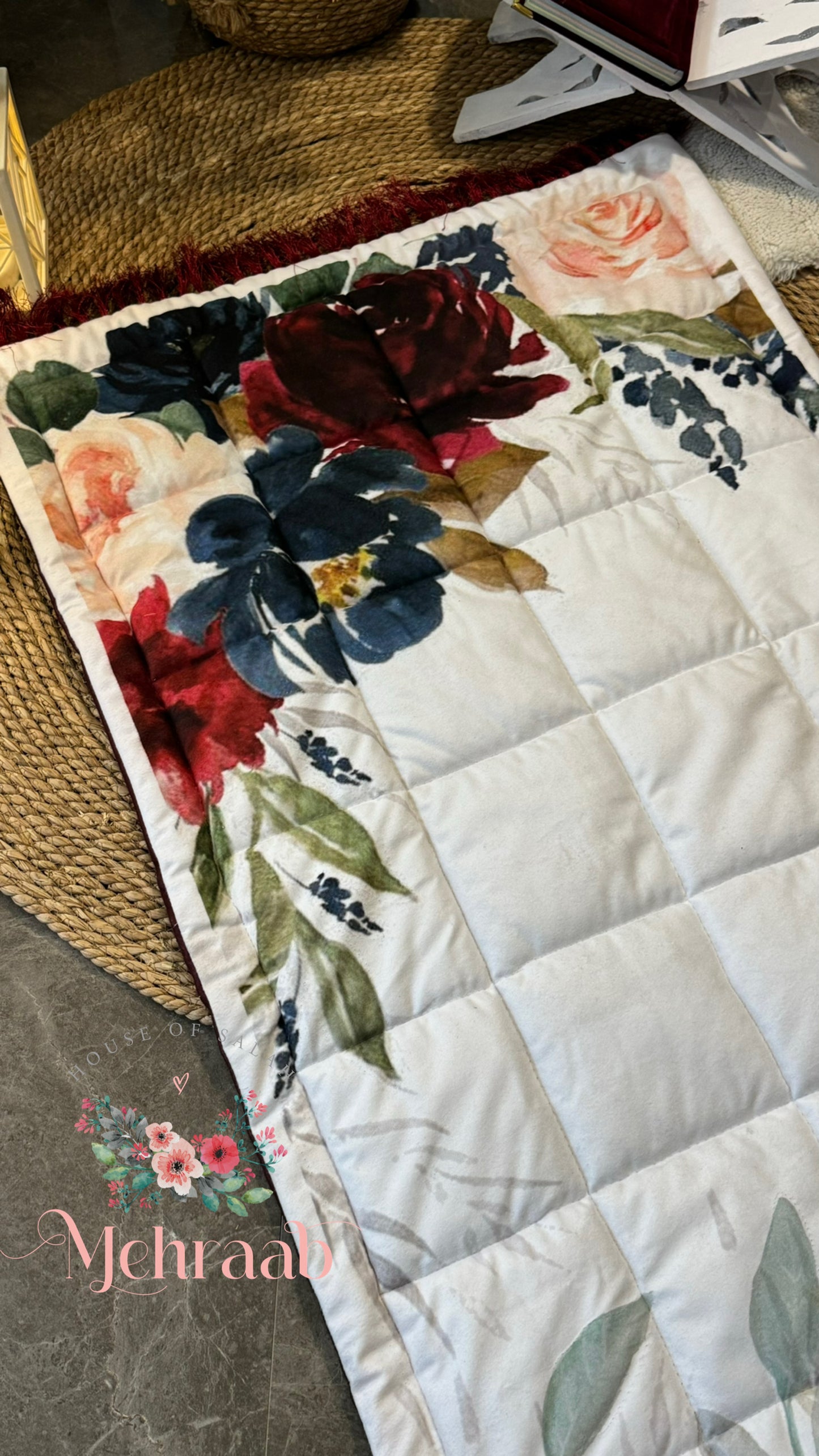 Colorful flowers on white prayer mat