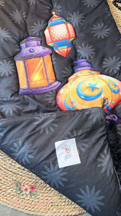 K20:Black prayer mat with colorful lanterns