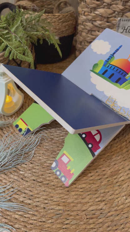 Rk08:sky blue prayer mat with cars and masjid.