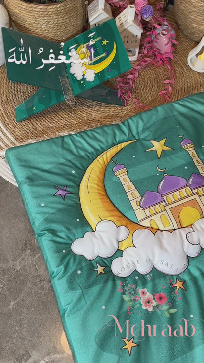 K02:Teal green prayer mat with mosque on the clouds